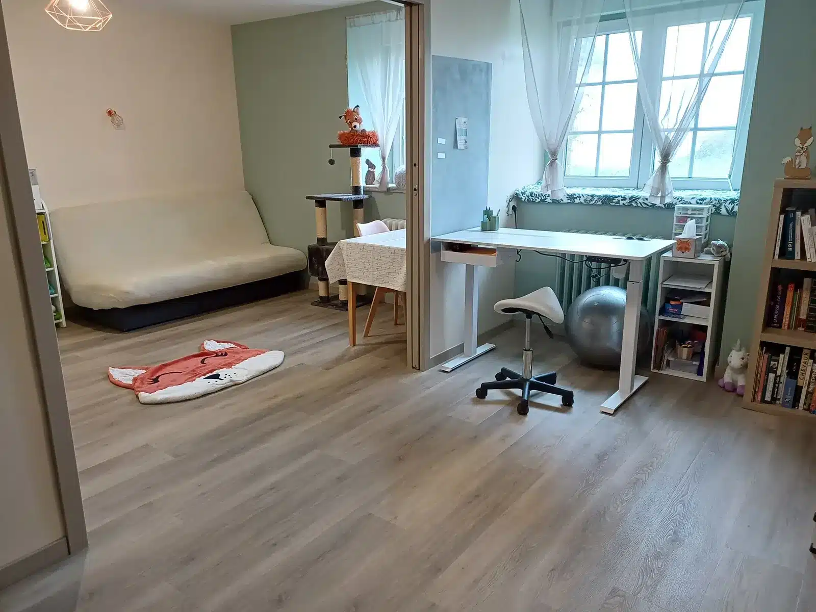 Salle d'accompagnement de L'Arche du Renard à Malguénac, bureau et tapis renard